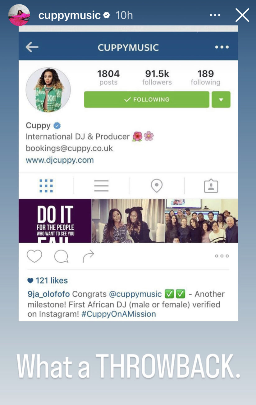 Dj Cuppy celebrates 8 years of being verified on Instagram.