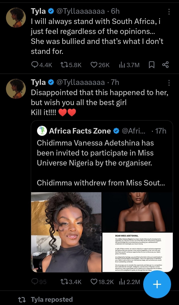 Tyla comes under fire for defending Chidimma Adetshina